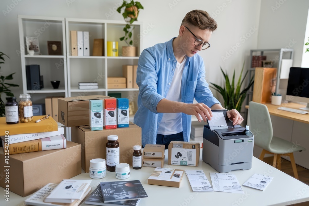 A man is standing in front of a printer and a table full of boxes and papers A man is standing in front of a printer and a table full of boxes and papers