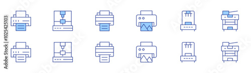 Printer icon set in two styles, Duotone and Thin Line style. Editable stroke. eco-friendly printing, print queue, print job, print ticket, print photo, print quality