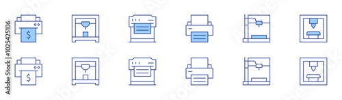 Printer icon set in two styles, Duotone and Thin Line style. Editable stroke. eco-friendly printing, print queue, print job, print ticket, print photo, print quality.-1