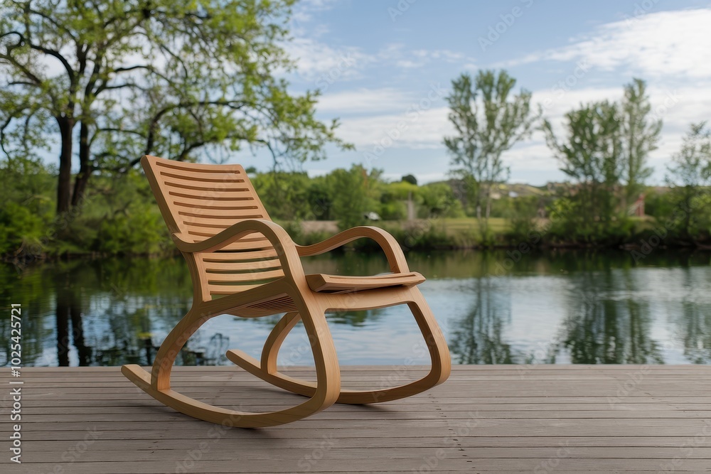 Fototapeta premium A wooden rocking chair is sitting on a dock by a lake