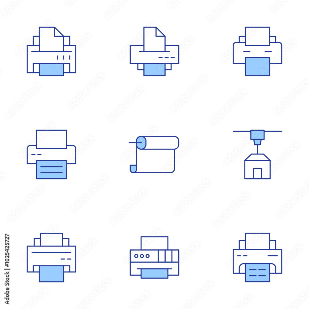 Printer icons set. Line Duotone style, editable stroke. print queue, print job, plotter, print chart, printer troubleshooting Printer icons set. Line Duotone style, editable stroke. print queue, print job, plotter, print chart, printer troubleshooting
