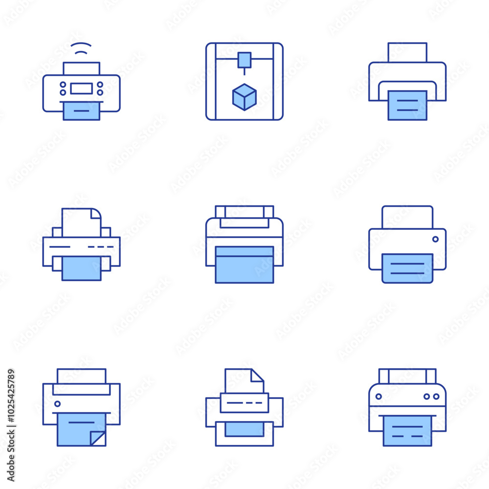 Printer icons set. Line Duotone style, editable stroke. print software, print driver, eco-friendly printing, print to pdf, cylinder Printer icons set. Line Duotone style, editable stroke. print software, print driver, eco-friendly printing, print to pdf, cylinder