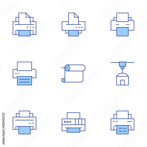 Printer icons set. Line Duotone style, editable stroke. print queue, print job, plotter, print chart, printer troubleshooting