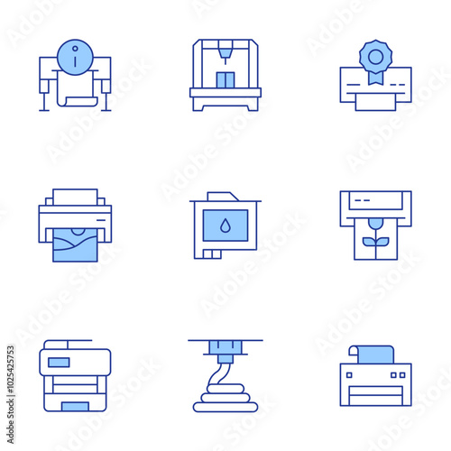 Printer icons set. Line Duotone style, editable stroke. print security, ink cartridge, print head, printingmachine, plotter
