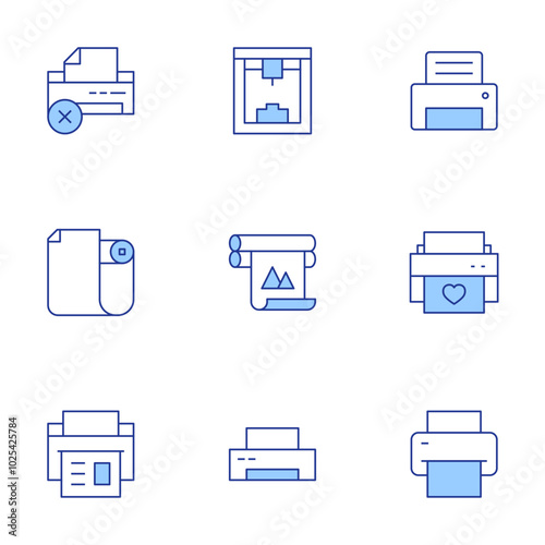 Printer icons set. Line Duotone style, editable stroke. print server, print t-shirt, wireless printing, cross, print from phone