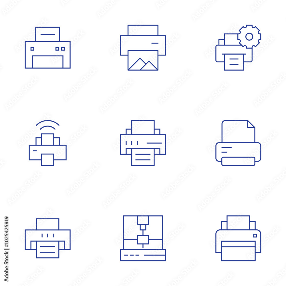 Printer icons set. Thin Line style, editable stroke. duplex printing, print quality issues, wireless printer security, cloud print services Printer icons set. Thin Line style, editable stroke. duplex printing, print quality issues, wireless printer security, cloud print services