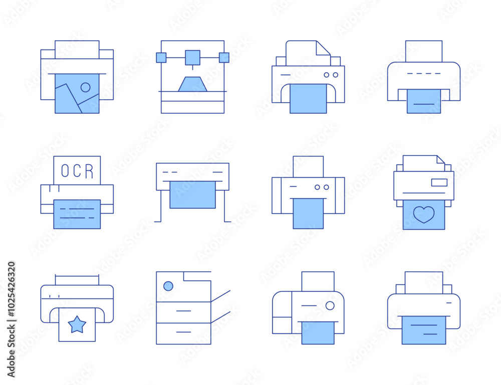 Printer icons. Line Duotone style, editable stroke. print template, photocopier, print brochure, print layout, print book Printer icons. Line Duotone style, editable stroke. print template, photocopier, print brochure, print layout, print book