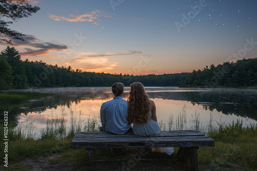 rear view of a couple sitting on weathered wooden bench, overlooking serene lake at sunset