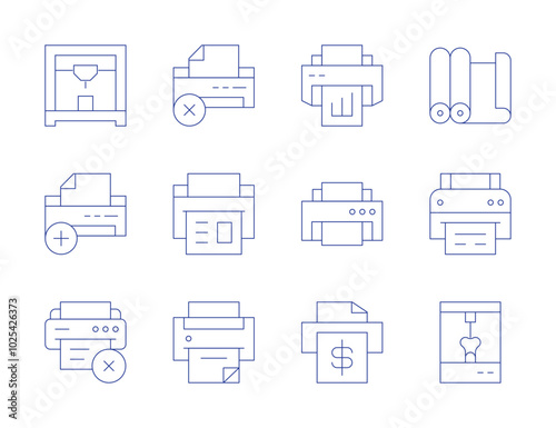 Printer icons. Thin Line style, editable stroke. add, printing, cross, remove, paperroll, printingmachine, printer photo