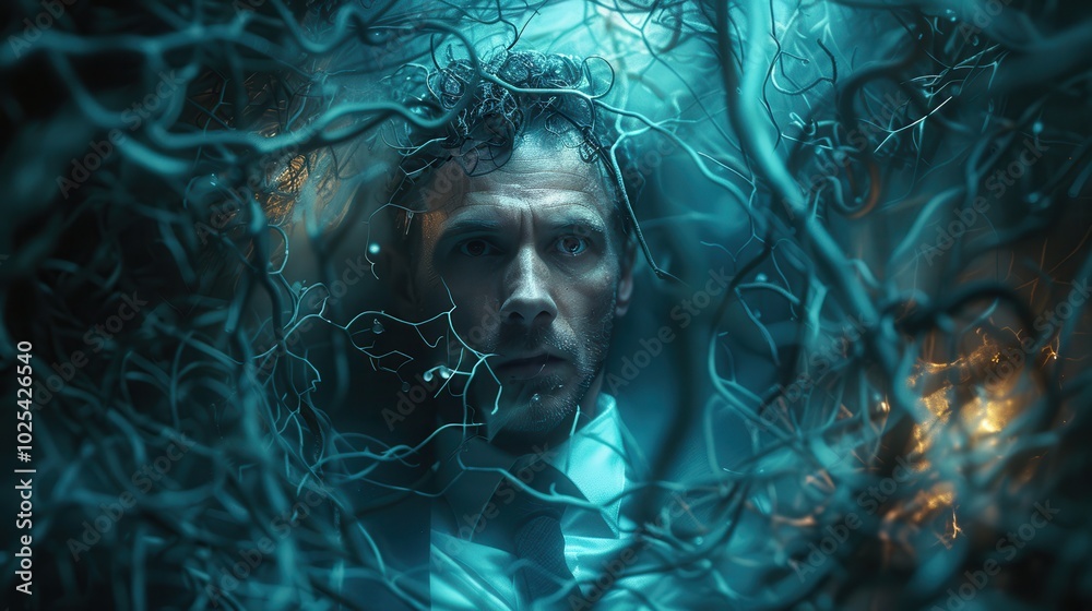 Surreal Portrait of a Man Amidst Chaotic Tendrils Surreal Portrait of a Man Amidst Chaotic Tendrils