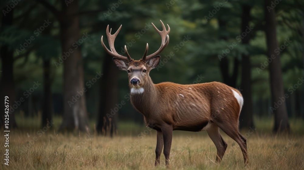 A majestic red deer buck with large antlers stands in a forest clearing, looking directly at the camera. A majestic red deer buck with large antlers stands in a forest clearing, looking directly at the camera.