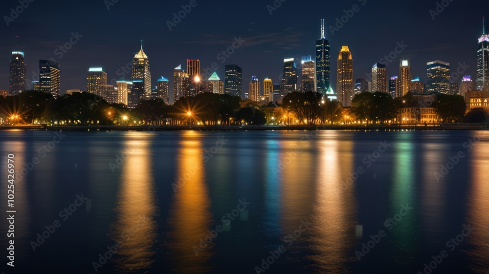 Obraz premium A panoramic view of a city skyline at night, with tall buildings illuminated and reflected in a calm body of water.