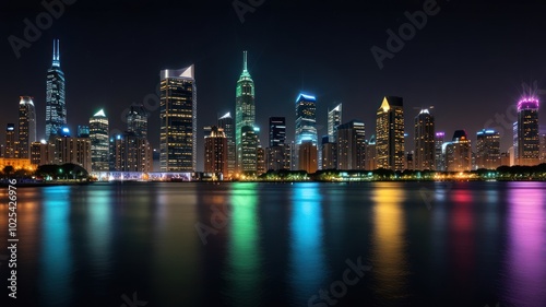 A panoramic view of a city skyline at night, with tall skyscrapers illuminated by colorful lights, reflected in a calm body of water.