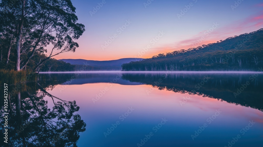 Fototapeta premium A serene sunrise over a still lake with a misty fog reflecting the sky.