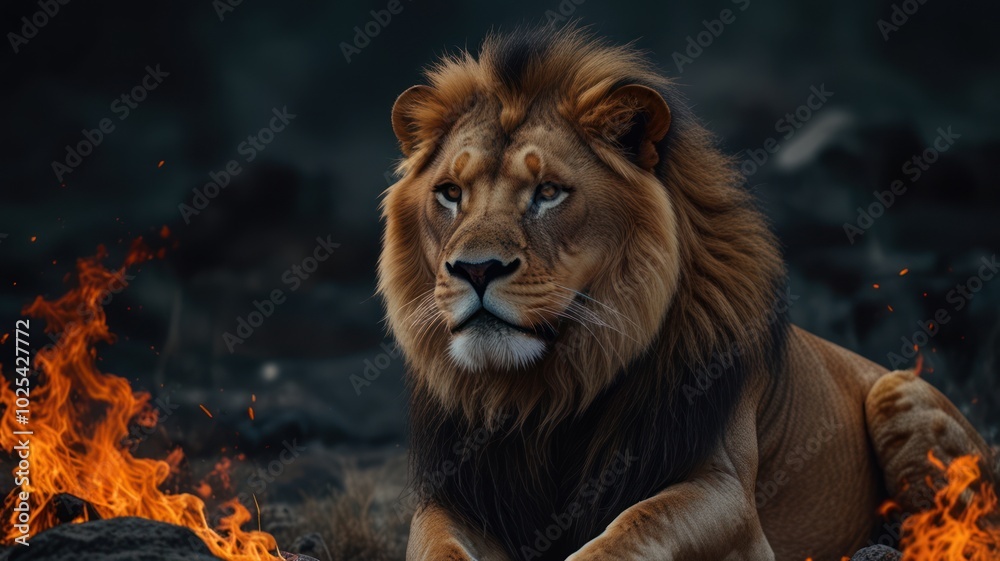 A majestic lion with a fiery mane sits amidst a burning forest, his gaze intense and unwavering. A majestic lion with a fiery mane sits amidst a burning forest, his gaze intense and unwavering.