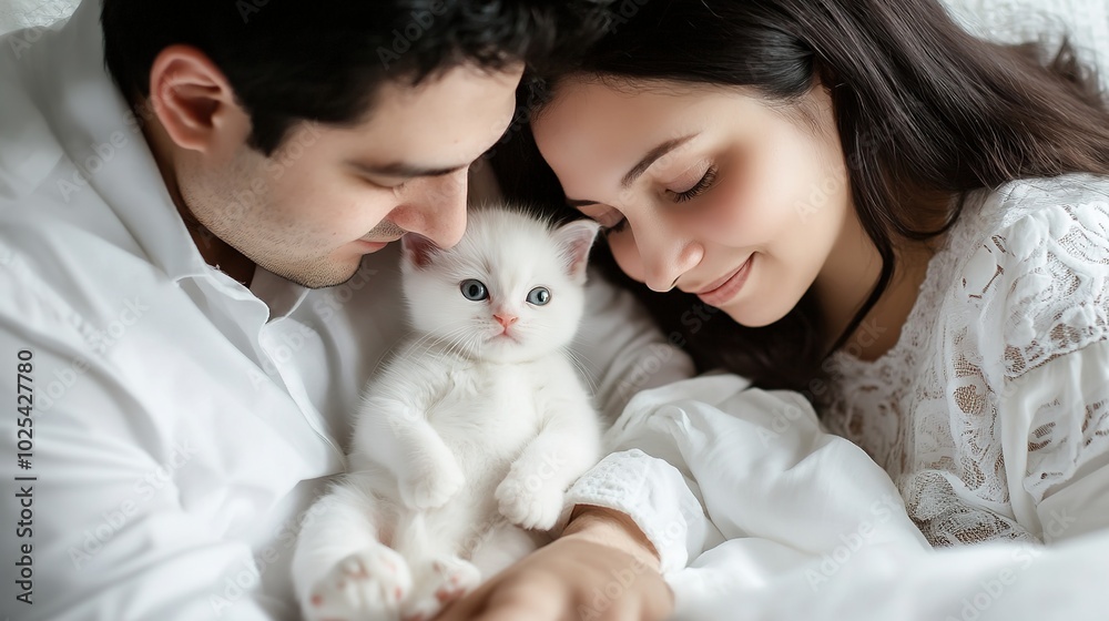 A heartwarming scene of a cute couple with black hair, holding their newborn baby while their little white cat cuddles next to them. This loving family moment, full of tenderness and joy, A heartwarming scene of a cute couple with black hair, holding their newborn baby while their little white cat cuddles next to them. This loving family moment, full of tenderness and joy,