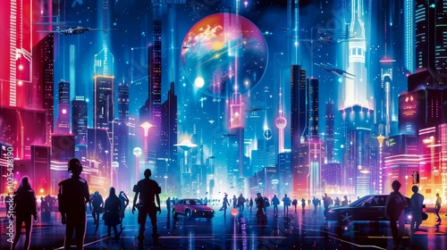 A vibrant, futuristic cityscape filled with neon lights, people, and advanced technology.