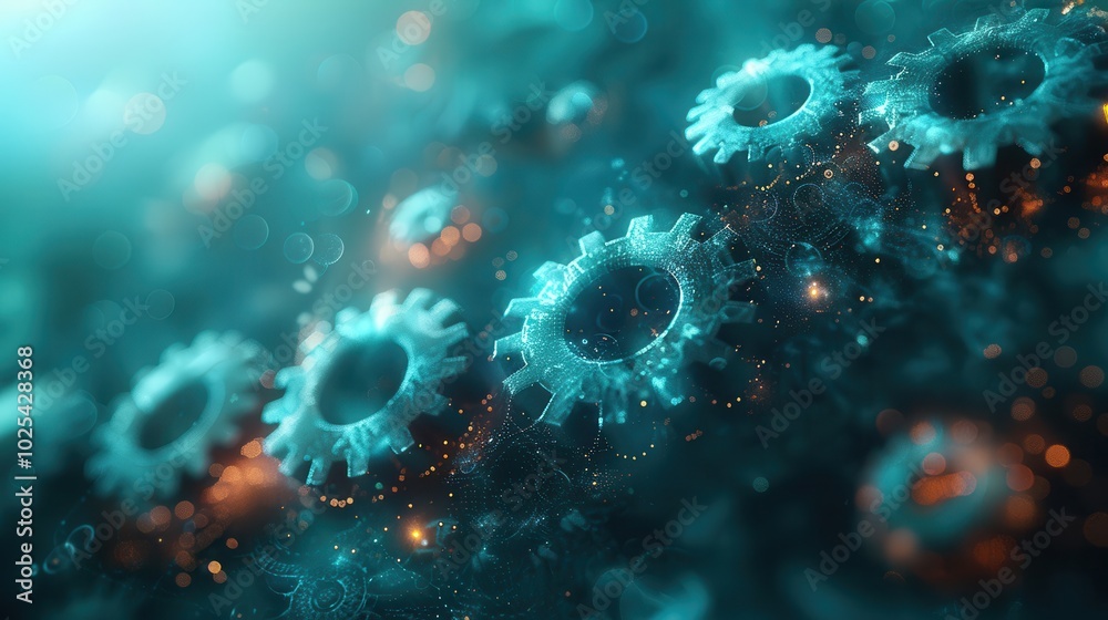 Glowing Gears in Digital Background Glowing Gears in Digital Background