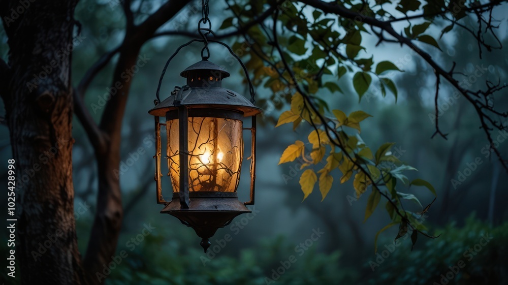 A rustic lantern hangs from a tree branch in a misty forest, casting a warm glow. A rustic lantern hangs from a tree branch in a misty forest, casting a warm glow.