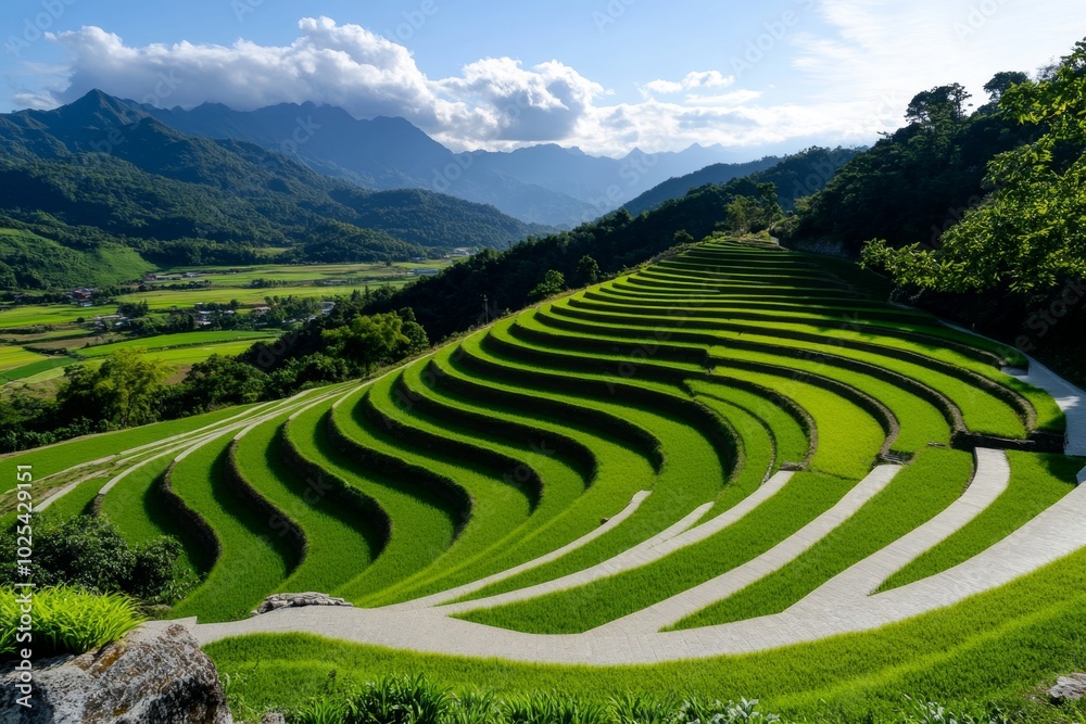 Minimalist terraced farmland, with clean, repeating lines of crops on a hillside, emphasizing the geometry of rural land use Minimalist terraced farmland, with clean, repeating lines of crops on a hillside, emphasizing the geometry of rural land use