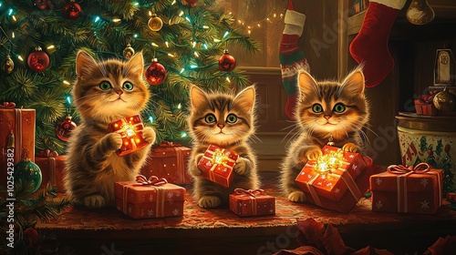 Cat family unwrapping glowing gifts near a Christmas tree, festive room filled with holiday decorations, no people, high resolution, digital painting