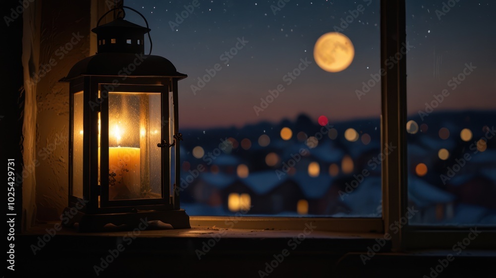 A lit candle in a lantern sits on a window sill, with a view of a snowy town and a full moon in the night sky. A lit candle in a lantern sits on a window sill, with a view of a snowy town and a full moon in the night sky.