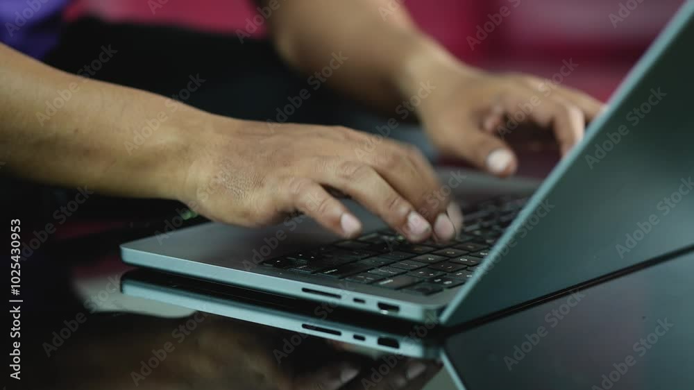 Close-up of male hands typing on laptop computer keyboard. Unrecognizable businessman working, browsing online in workplace at home. 4K video. Close-up of male hands typing on laptop computer keyboard. Unrecognizable businessman working, browsing online in workplace at home. 4K video.