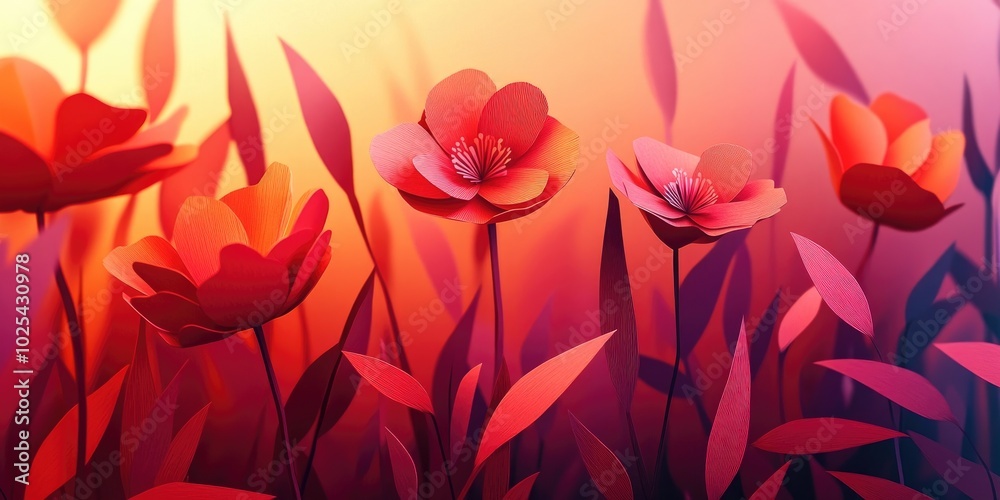 Vibrant red paper blooms illuminated by soft morning sunlight, Vibrant red paper flowers under soft morning light Vibrant red paper blooms illuminated by soft morning sunlight, Vibrant red paper flowers under soft morning light