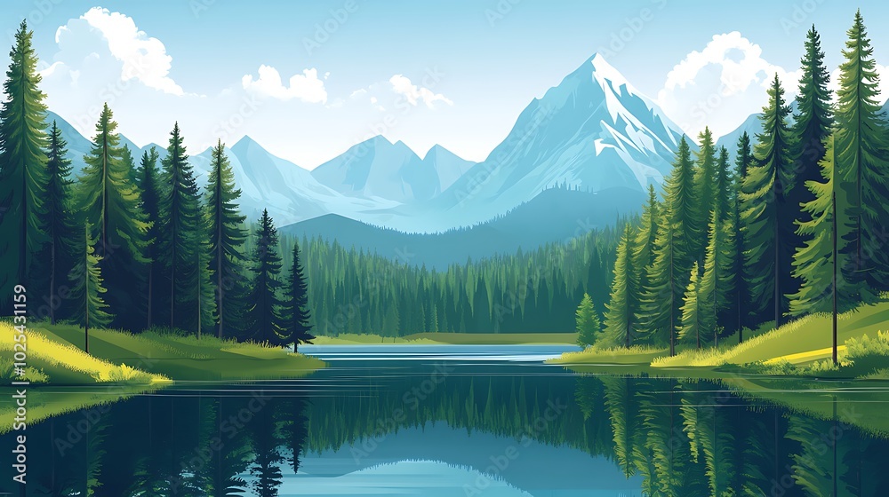 Mountain Lake Landscape with Evergreen Trees Mountain Lake Landscape with Evergreen Trees