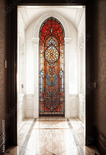  Intricately Designed Stained Glass Door with Warm Light