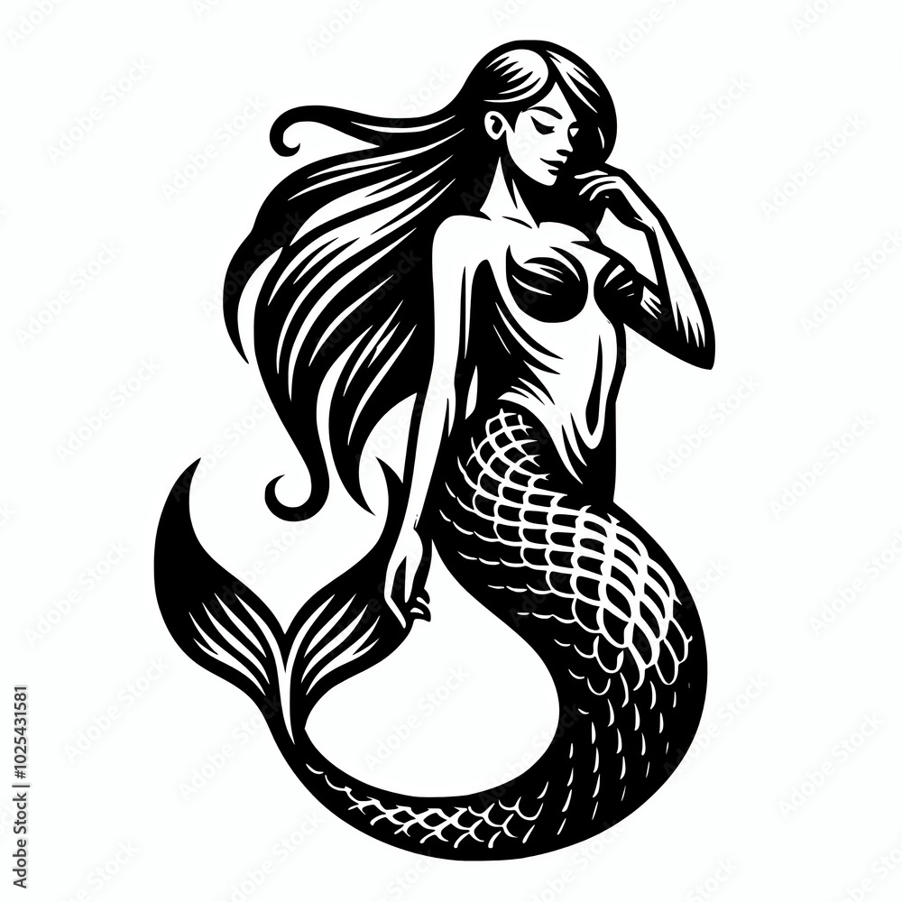 Posing mermaid vector illustration, underwater mythological sea creature clip art element Posing mermaid vector illustration, underwater mythological sea creature clip art element
