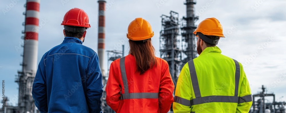 Three workers in safety gear view an industrial site with tall structures and pipelines, showcasing teamwork in a construction or energy environment. Three workers in safety gear view an industrial site with tall structures and pipelines, showcasing teamwork in a construction or energy environment.