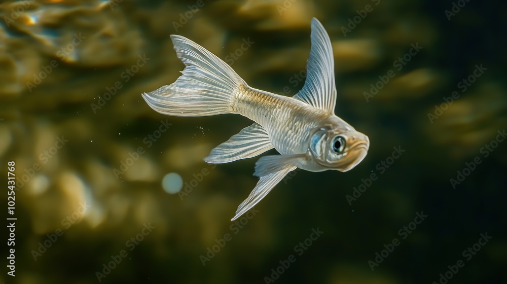 Fototapeta premium A flying fish gliding gracefully above the water, captured mid-air with its fins extended. The fish's shimmering scales reflect the sunlight as it takes flight, showcasing the beauty and agility 