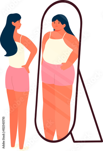 woman with ideal bodies looking herself in the mirror and feel insecure with fat human illustration