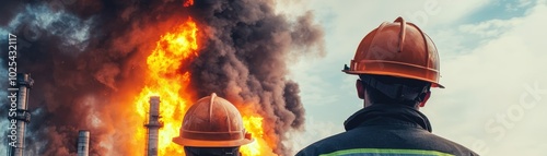 Two workers in safety helmets observe a large industrial fire, highlighting themes of safety and emergency response in hazardous environments. photo