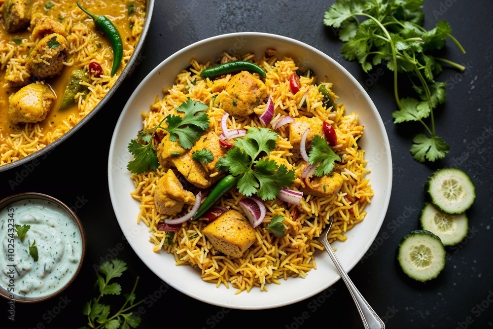 Biriyani with chicken, vegetables, sauce and salad Biriyani with chicken, vegetables, sauce and salad