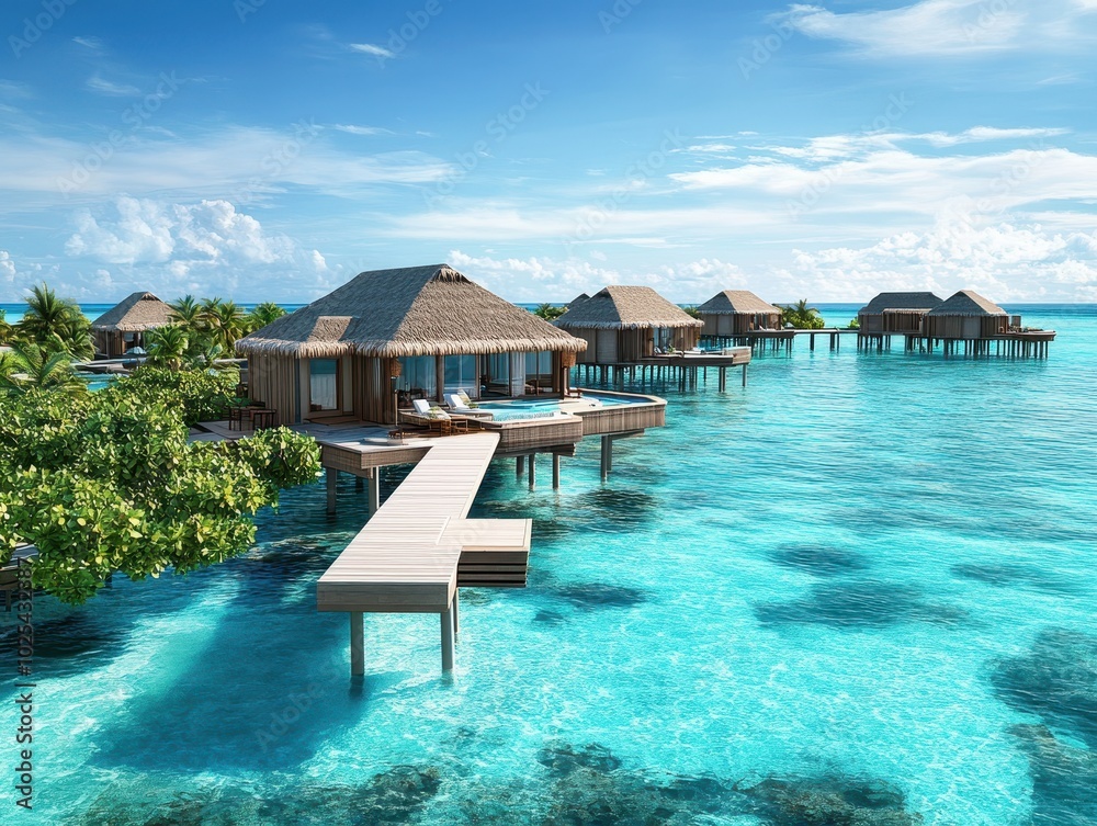Fototapeta premium Overwater bungalows with private pools and wooden walkways in a tropical lagoon