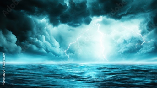 Dramatic Stormy Ocean with Lightning and Dark Clouds