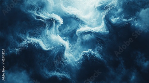 Abstract Blue Waves and Swirling Clouds in Dark Background