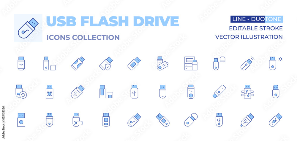 Usb flash drive icons collection. Line Duotone style, editable stroke. rugged USB drive, USB drive with password protection, USB storage management Usb flash drive icons collection. Line Duotone style, editable stroke. rugged USB drive, USB drive with password protection, USB storage management