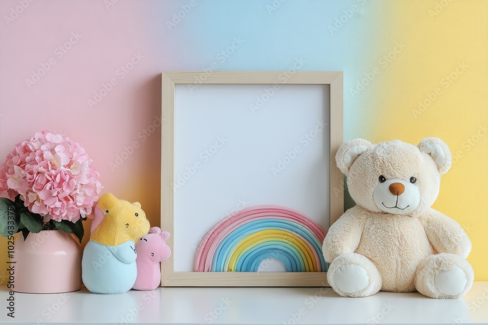 Wooden Frame with Blank Canvas Teddy Bear Rainbow and Flowers on White Shelf Wooden Frame with Blank Canvas Teddy Bear Rainbow and Flowers on White Shelf