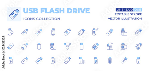 Usb flash drive icons collection. Line Duotone style, editable stroke. external hard drive, USB drive for Mac, secure USB drive, USB drive repair, USB 3.0