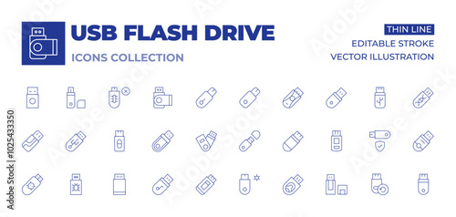 Usb flash drive icons collection. Thin Line icons, editable stroke. pen drive, usb, usb drive, flash disk, usb stick, flash drive, usb flash drive
