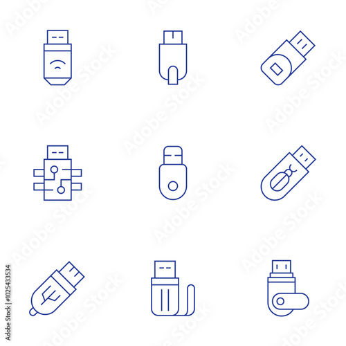 Usb flash drive icons set. Thin Line style, editable stroke. USB 3.0, secure USB drive, USB storage for phone, USB OTG cable, USB drive with password protection photo