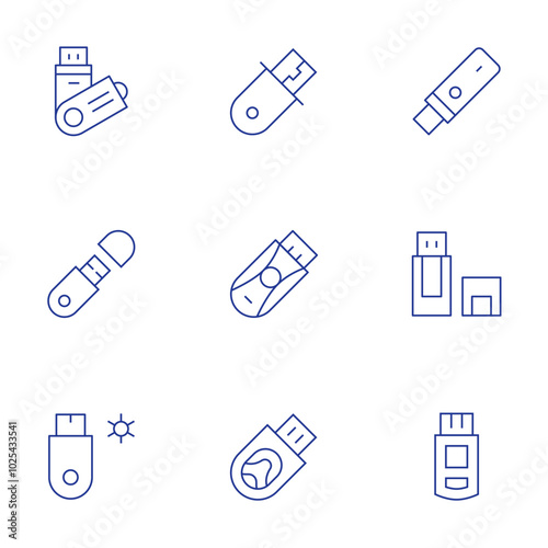 Usb flash drive icons set. Thin Line style, editable stroke. USB adapter, thumb drive, USB drive encryption, waterproof USB drive