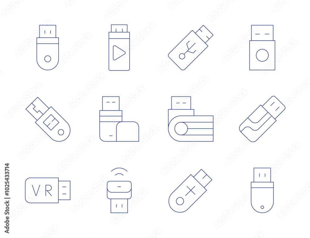 Usb flash drive icons. Thin Line style, editable stroke. USB drive repair, rugged USB drive, USB extension cable Usb flash drive icons. Thin Line style, editable stroke. USB drive repair, rugged USB drive, USB extension cable