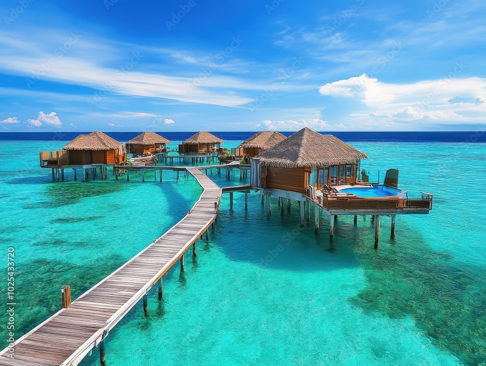 Overwater Bungalows with Wooden Walkway and Turquoise Lagoon Overwater Bungalows with Wooden Walkway and Turquoise Lagoon