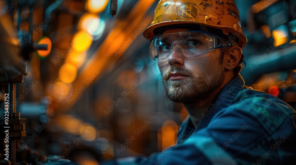 Worker in Protective Gear in Industrial Environment Worker in Protective Gear in Industrial Environment