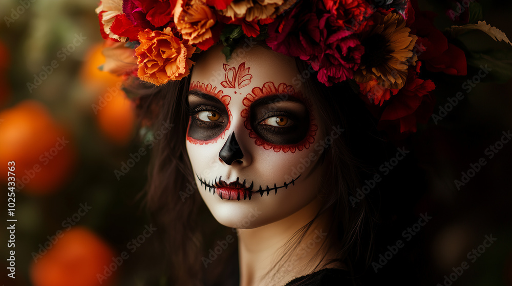 Beautiful Portrait of Woman with Sugar Skull Makeup and Floral Crown Beautiful Portrait of Woman with Sugar Skull Makeup and Floral Crown