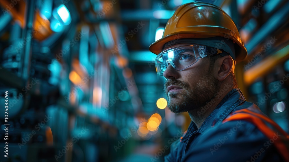 Focused Worker in Industrial Environment with Safety Gear Focused Worker in Industrial Environment with Safety Gear